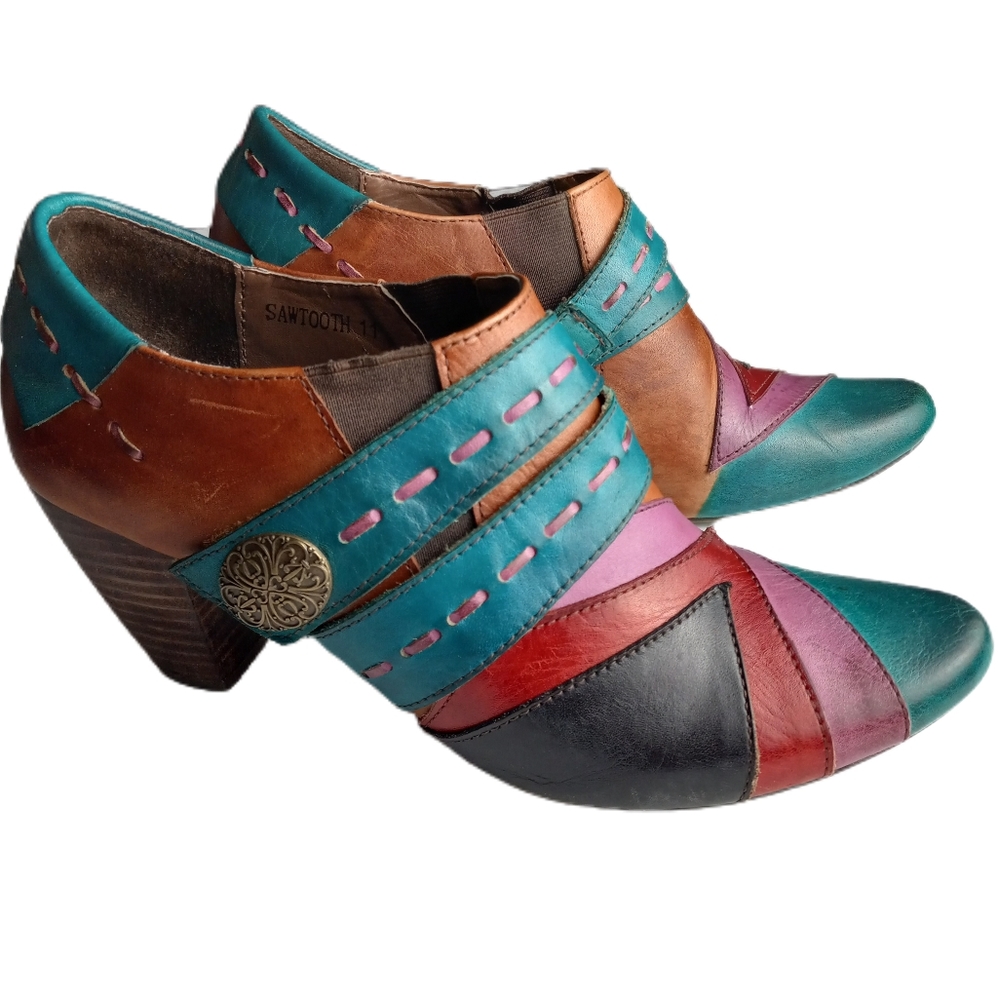 Elite by Corky's Shoes Sz 11 Multicolored Leather 3" Stack Heel Boots EUC